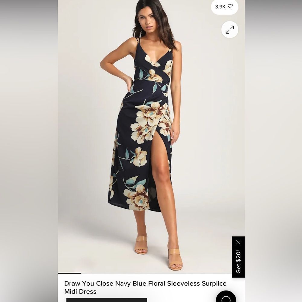 Lulus Draw You Close Navy Blue Floral Sleeveless Midi Dress Leg Slit Size M NWT